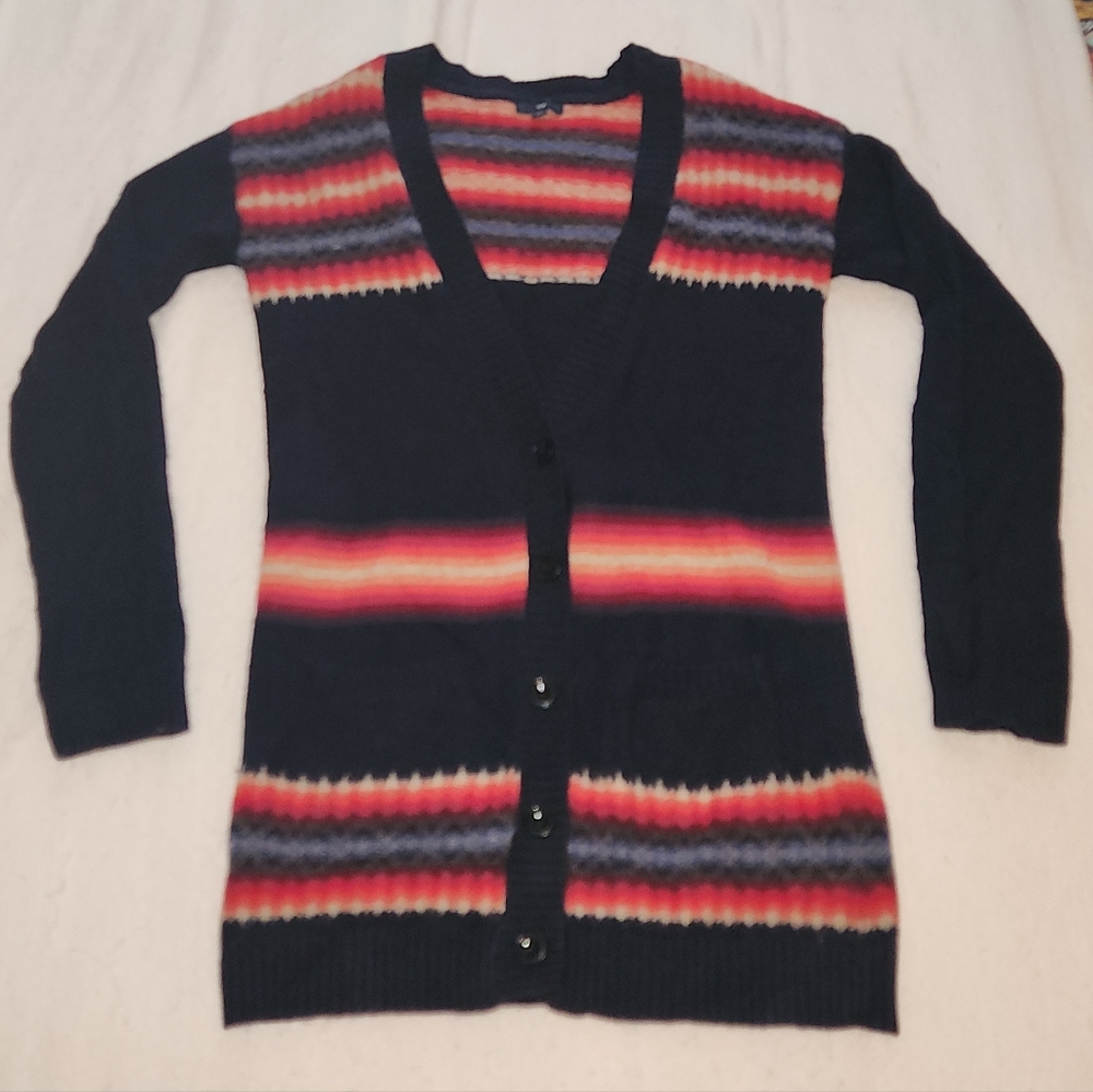 GAP Fair Isle Lambswool Vintage Boyfriend Cardigan Sweater Navy Blue Red Pink